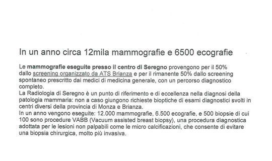 In un anno circa 12mila mammografie e 6500 ecografie presso il centro di Seregno