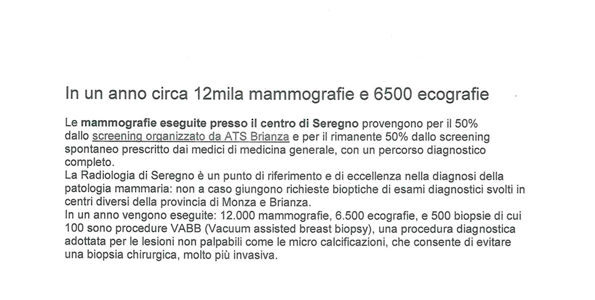 In un anno circa 12mila mammografie e 6500 ecografie presso il centro di Seregno